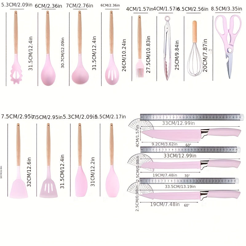 Cooking Utensil and Knife Set for Home Kitchen Preparation, Multiple Color Choices with Selected Pink or Black Square-Barrel and Gift Box Options