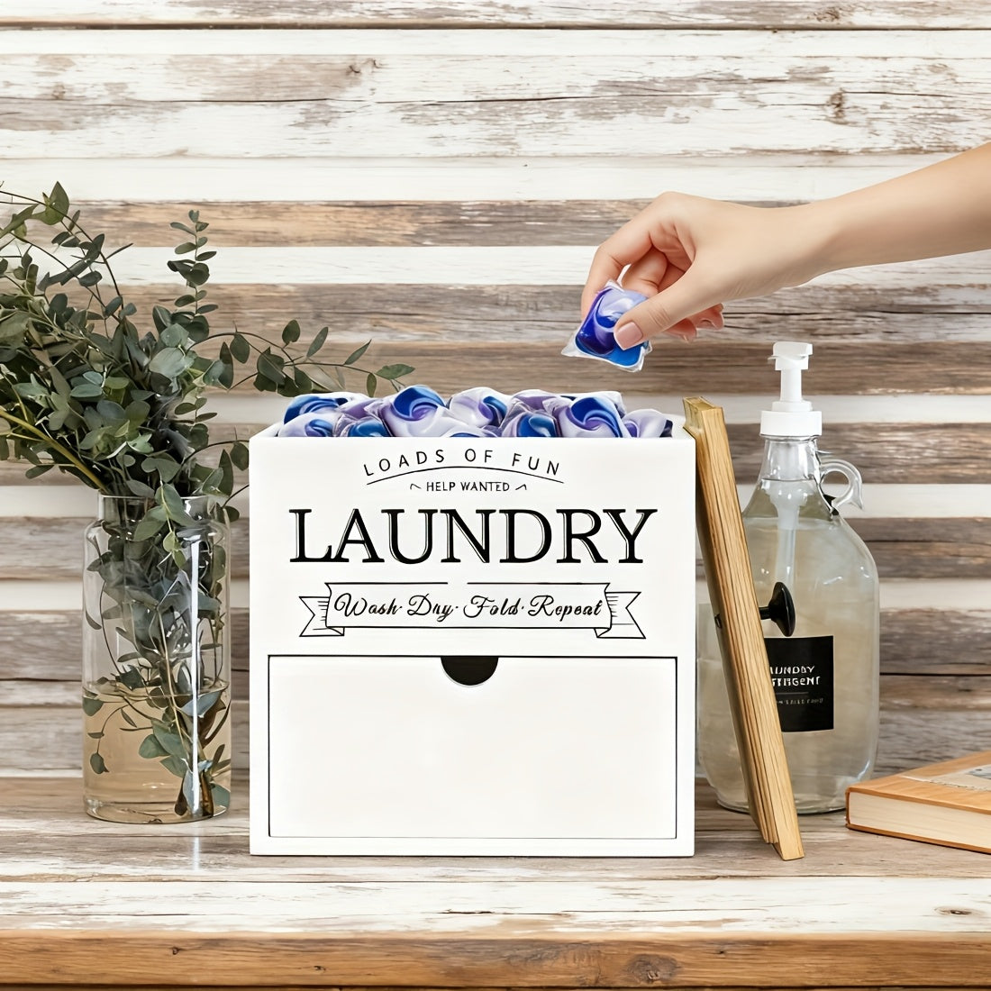 Wooden Dryer Sheet Holder by MONDRAME with Drawer and Lid, Farmhouse Laundry Room Organizer for Wall Mount or Countertop Placement in Black or White Options