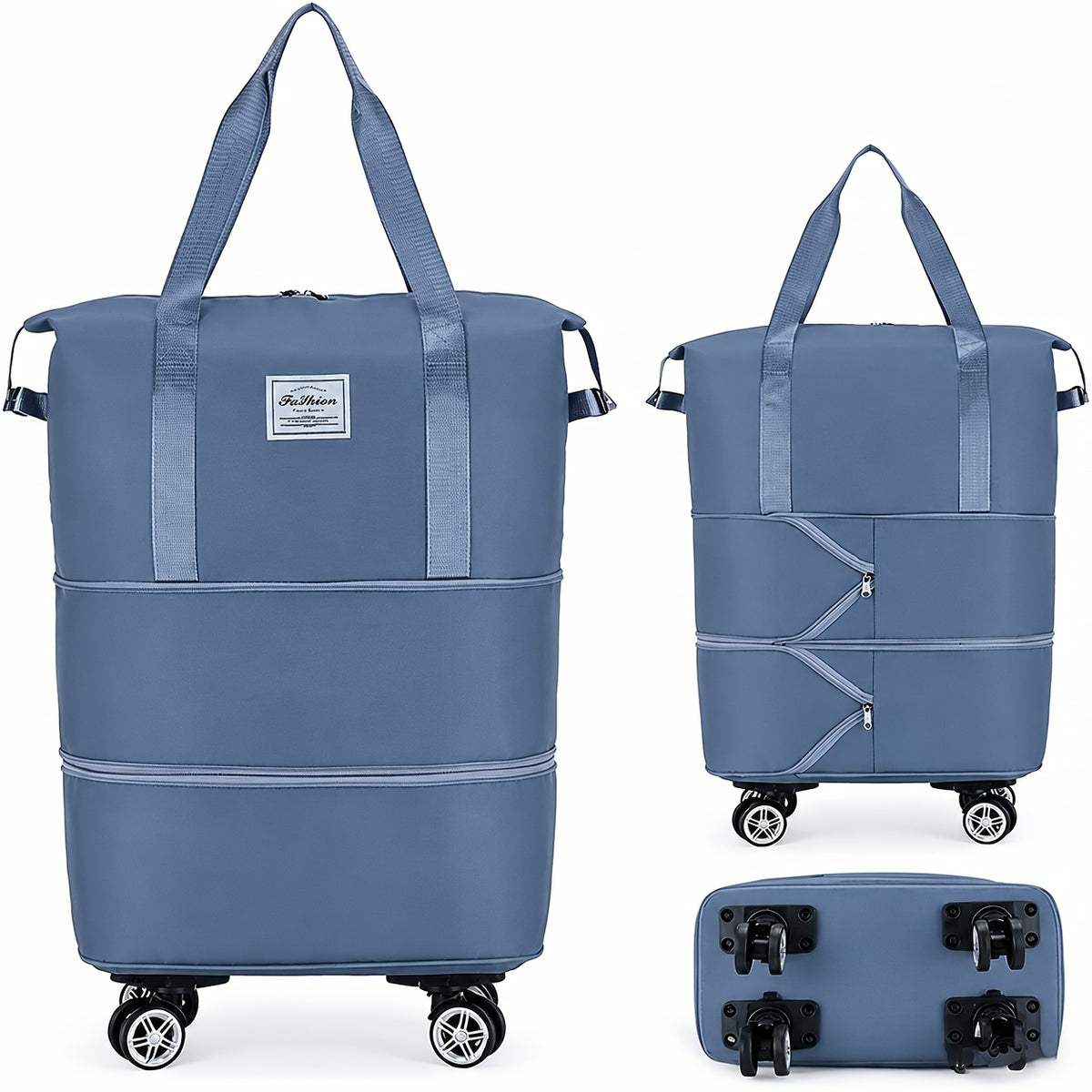 Three-Layer Expandable Travel Bag, Wheeled Clothing Duffel with Four Removable 360-Degree Wheels and Adjustable Pull Handle in Black, Pink, Blue or Purple