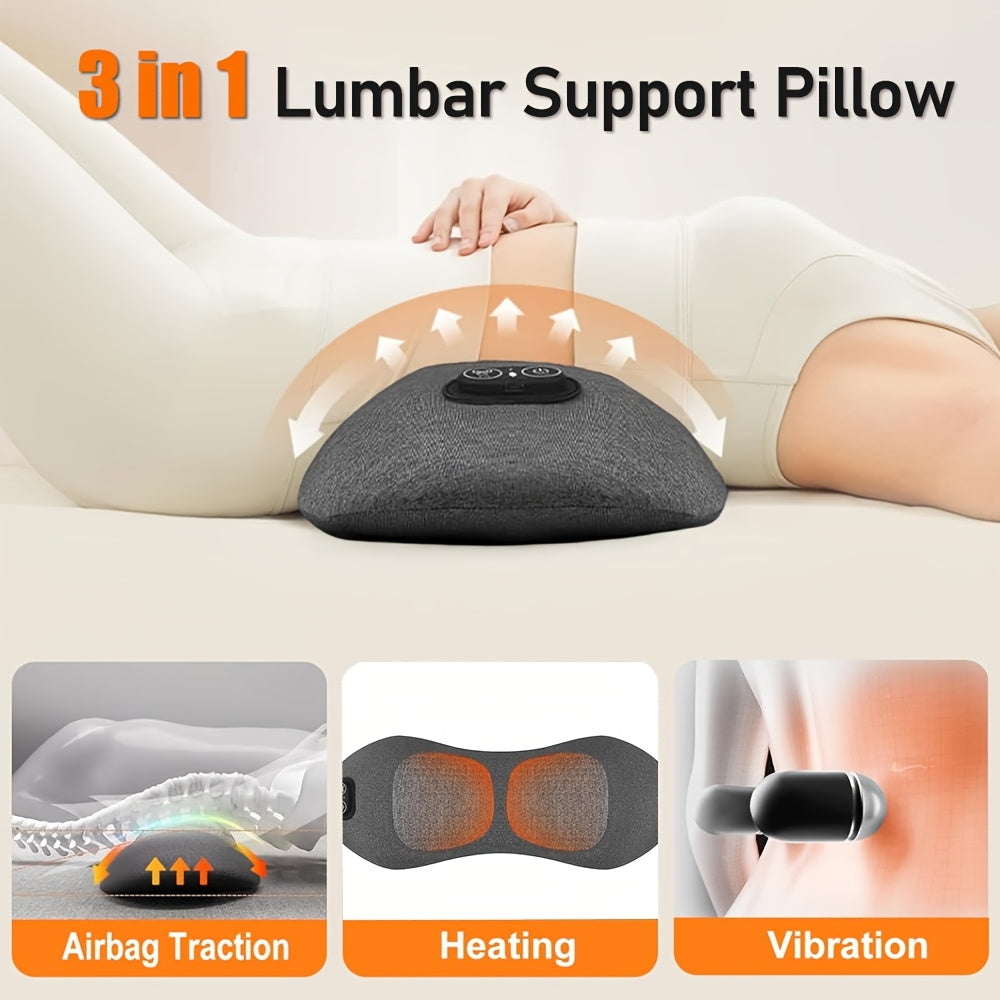 Lower Back Massager with Heat and Vibration, USB-Powered 3-in-1 Lumbar Support Pillow with Listed Traction Function and 2m Cable for Home Relaxation