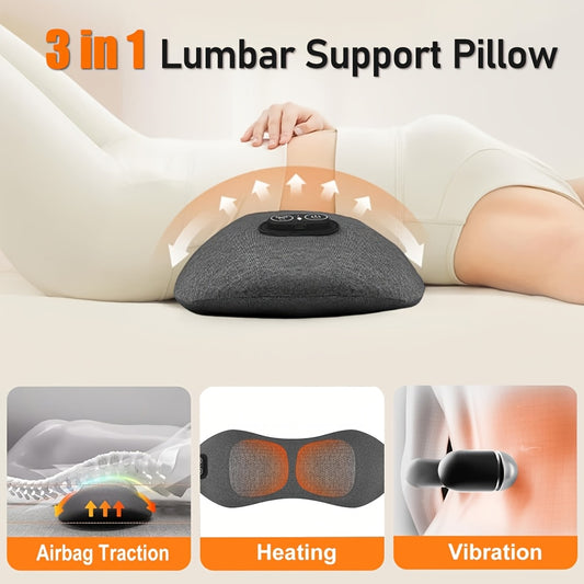 Lower Back Massager with 2m USB Cable, Heated Vibration Lumbar Pillow with Listed 3-in-1 Traction Function for Adult Home Relaxation Routines