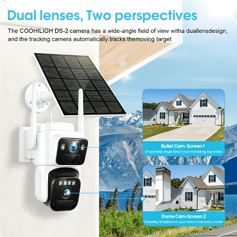 Dual Lens Solar Security Camera with 8000mAh Battery, Fixed Wide-Angle and PTZ Views, WiFi Motion Alerts, Two-Way Audio and Night Vision in White