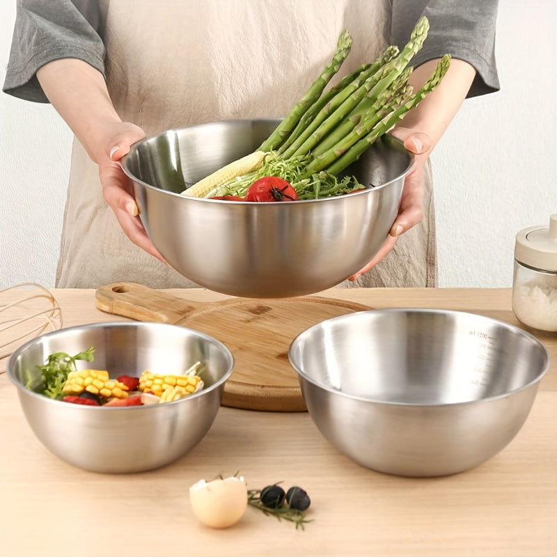 Mixing Bowls with Measuring Marks, Three-Piece Polished Stainless Steel Set in Small, Medium and Large Sizes for Baking, Salad Mixing and Kitchen Prep