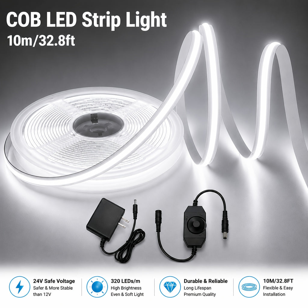 COB LED Strip Lights with Knob Dimmer, 32.8ft 24V Flexible Light Tape in White or Warm White, 8mm Width and CRI92+ for Cabinets, Shelves and Bedroom Accents