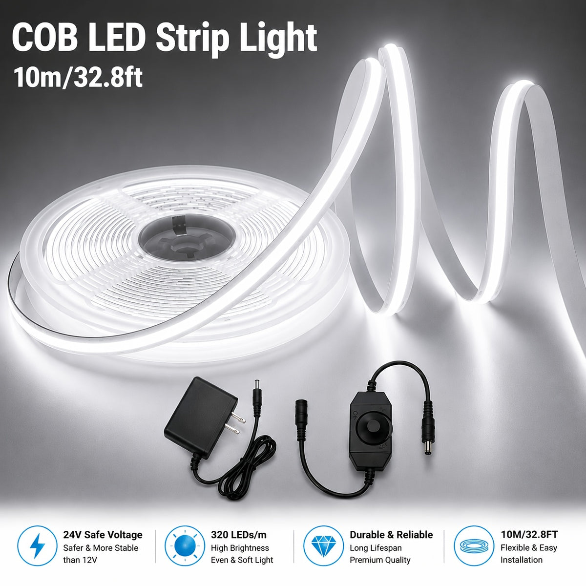 COB LED Strip Lights with Knob Dimmer, 32.8ft 24V Flexible Light Tape in White or Warm White, 8mm Width and CRI92+ for Cabinets, Shelves and Bedroom Accents