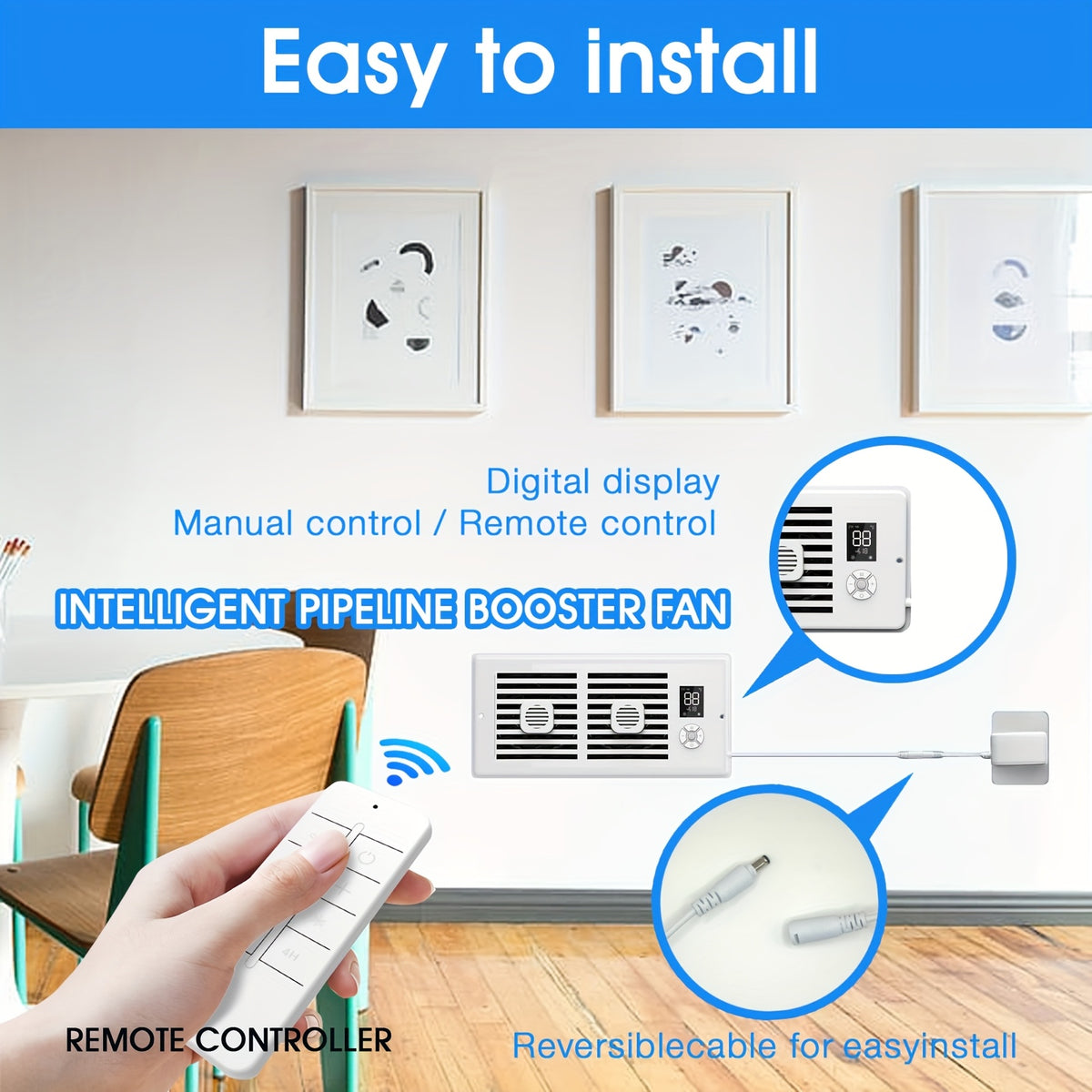 Vent Booster Fan for 4 x 10 Inch Openings, White 10-Speed Airflow Booster with Digital Automatic Temperature Control and Remote for Compatible Home Vents
