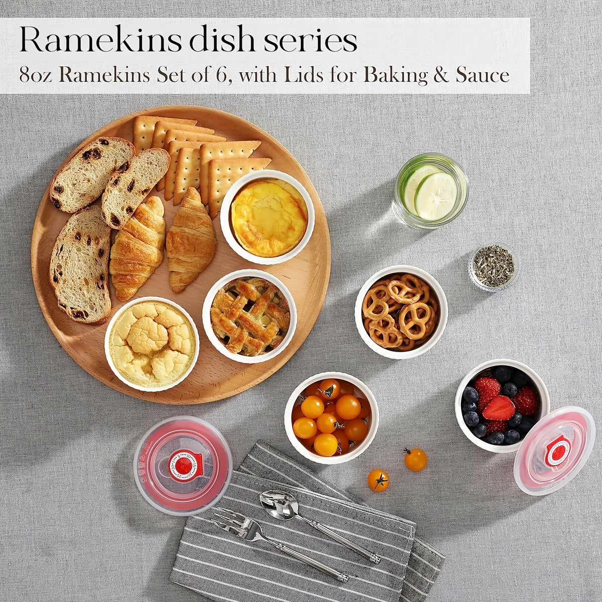 Porcelain Ramekins with Lids, Set of Six with Listed 8-Ounce Capacity for Soufflé, Crème Brûlée, Pudding and Custard Preparation, Serving and Food Storage