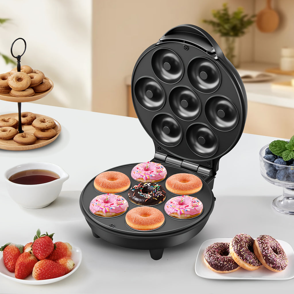 Mini Donut Maker with 7 Slots and Nonstick Cooking Plates for Homemade Breakfast Treats, After-School Snacks, Family Desserts and Decorating Fun