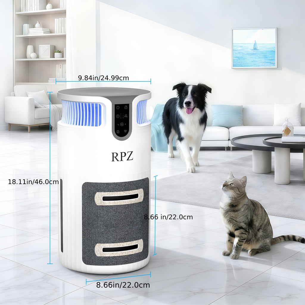 Pet Air Filter with Cat Scratcher and Rest Platform, White Three-in-One Design with Listed Remote Control, Auto Mode and Pet Lock for Cat-Owner Homes