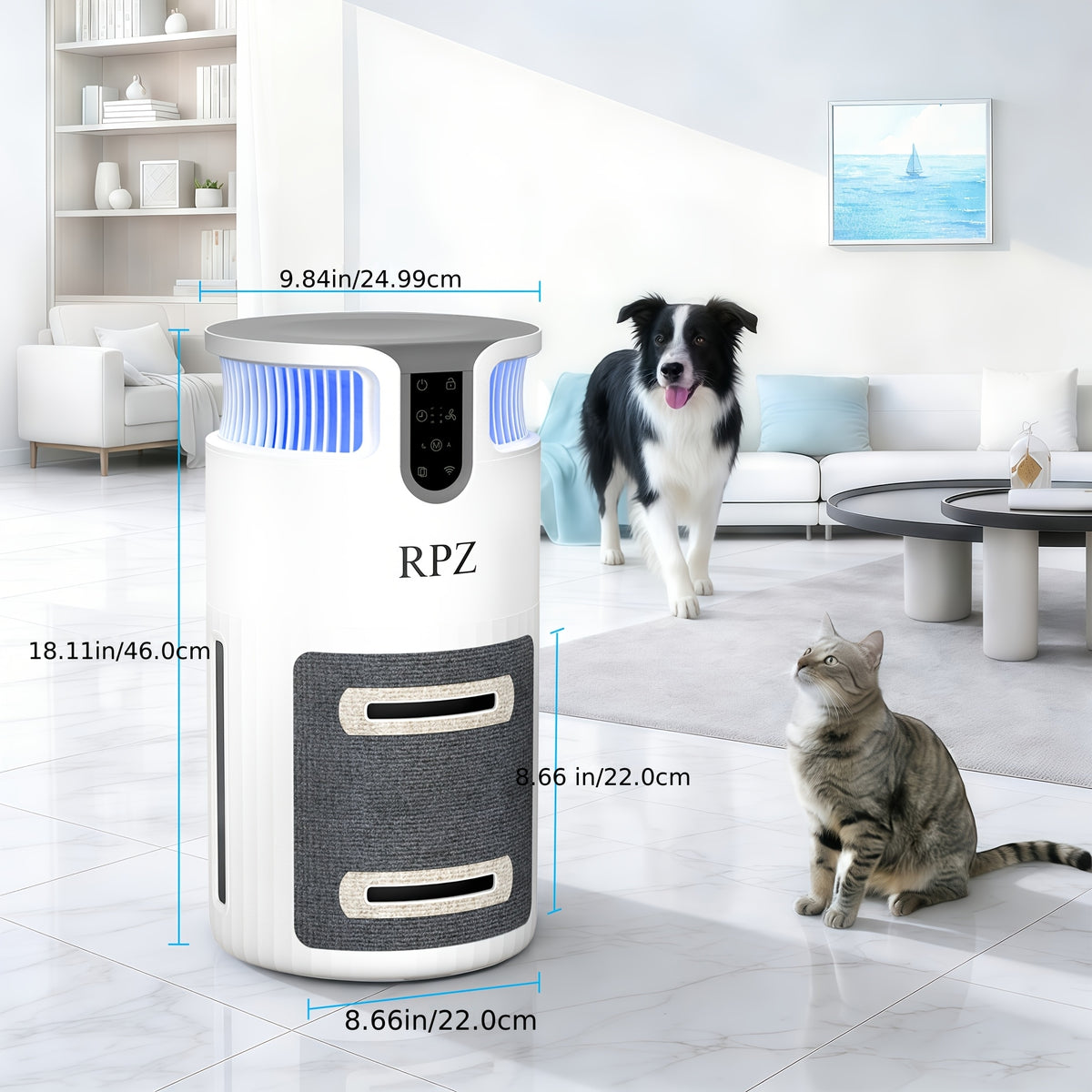 Pet Air Filter with Cat Scratcher and Rest Platform, White Three-in-One Design with Listed Remote Control, Auto Mode and Pet Lock for Cat-Owner Homes