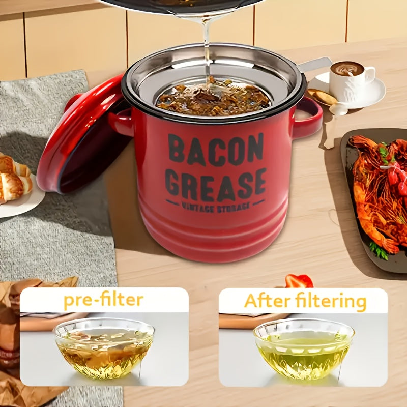 Bacon Grease Container with Lid for Kitchen Cooking Oil Storage, Red, Blue, White and Green Package Options with 12-Piece Labels and a Red No-Filter Two-Piece Set