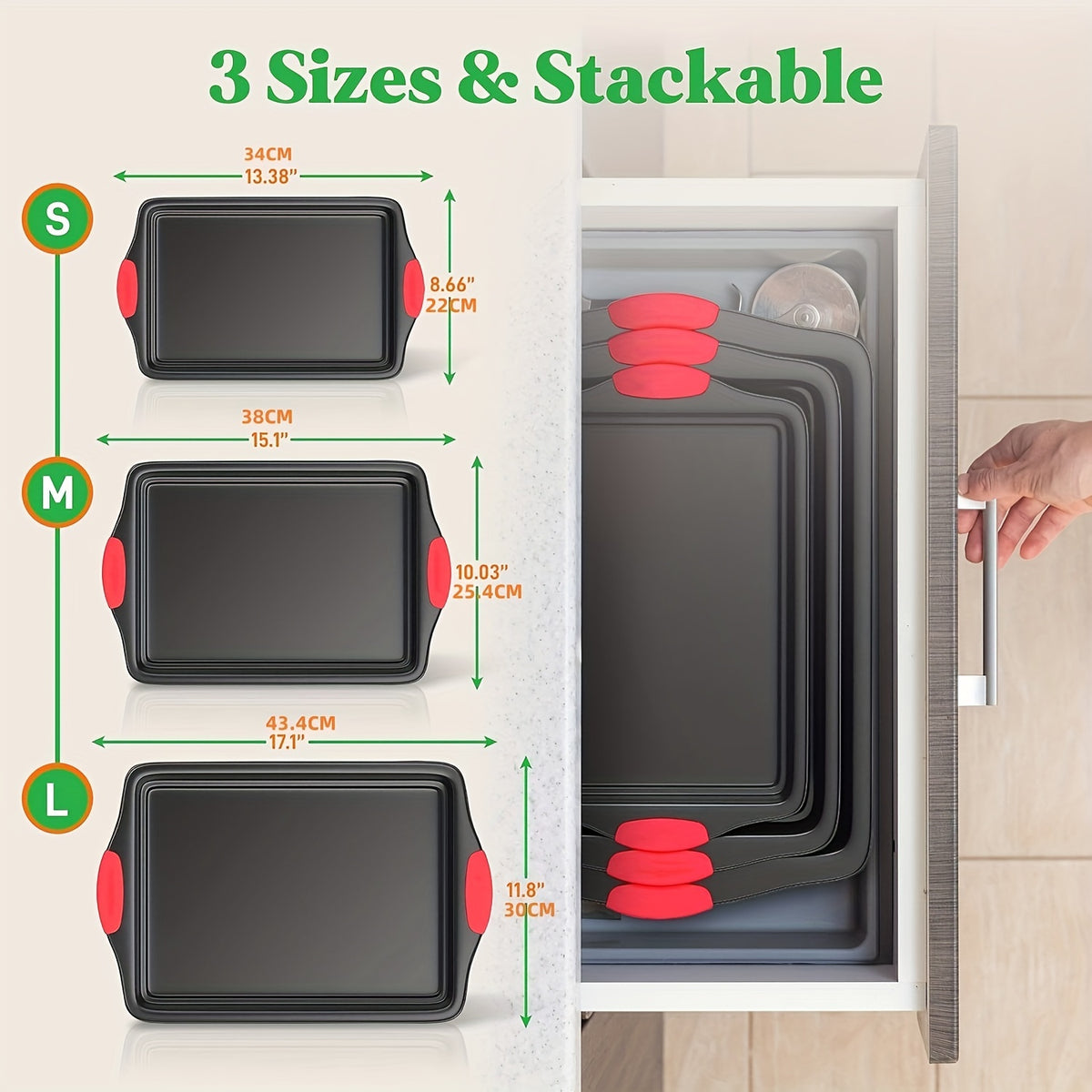 Baking Pan Set with Red Silicone Handles, 3-Piece Gray Carbon Steel Oven Bakeware with Listed Interior and Exterior Nonstick Finish for Home Baking