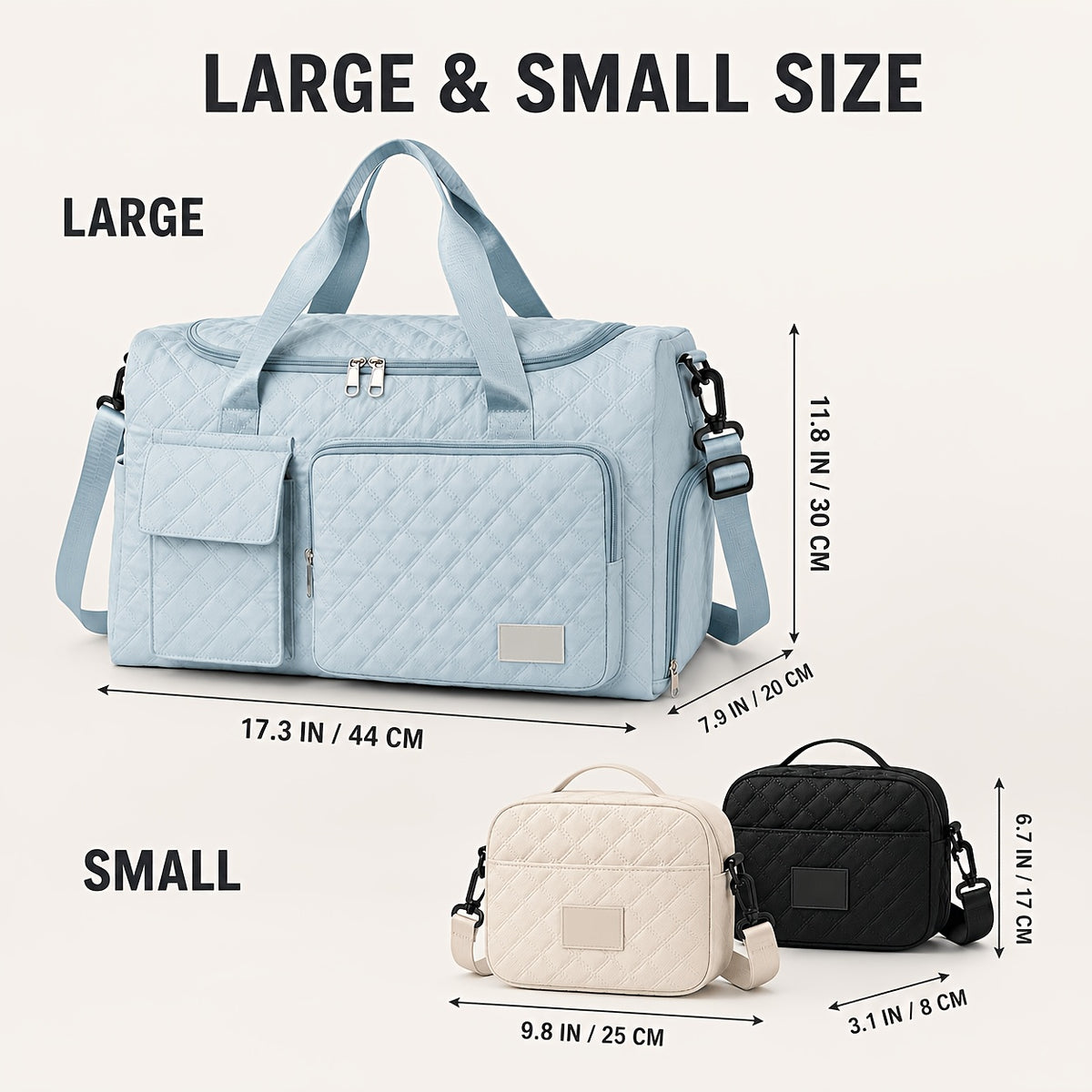 Dry-Wet Separation Travel Tote Bag with Double-Side Pockets, Shoulder and Crossbody Handbag in Six Color and Size Options for Gym and Trips