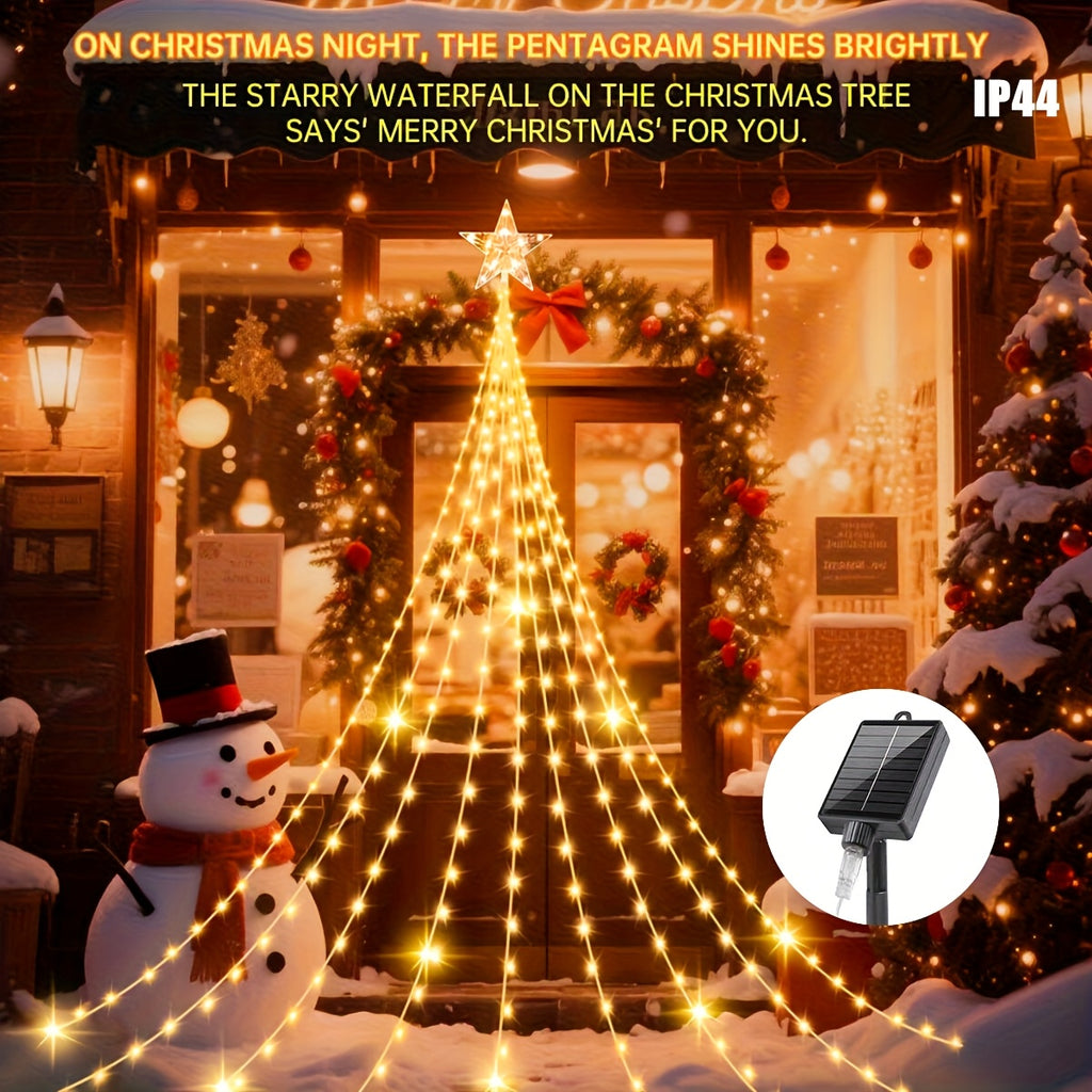 Solar Star Waterfall String Lights with White Color Label, 280LED-3M Model and Eight Listed Modes for Christmas, Garden Wedding and Seasonal Decorative Displays