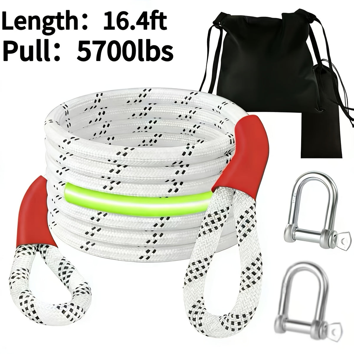 Polyester Recovery Tow Strap in Multiple Length Options, Static Vehicle Strap with Listed D-Ring Shackles, Reflective Flag and Storage Bag Accessories