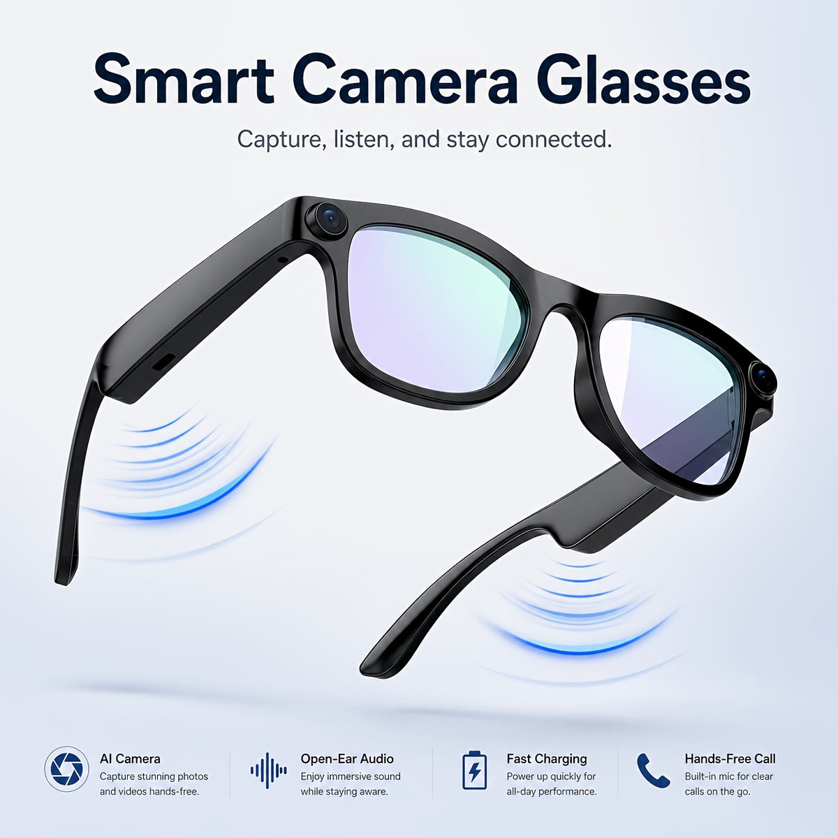 Camera Glasses by KLZO with Listed 13MP Camera, Wireless Recording Eyewear for Photos, Video and Audio with Music and Translation Functions