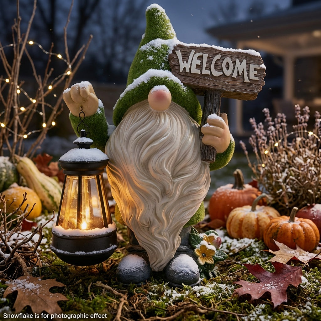 Garden Gnome Statue in Green with Flocked Resin Wording, Solar Lantern and Welcome Sign References for Decorative Porch, Patio and Garden Displays