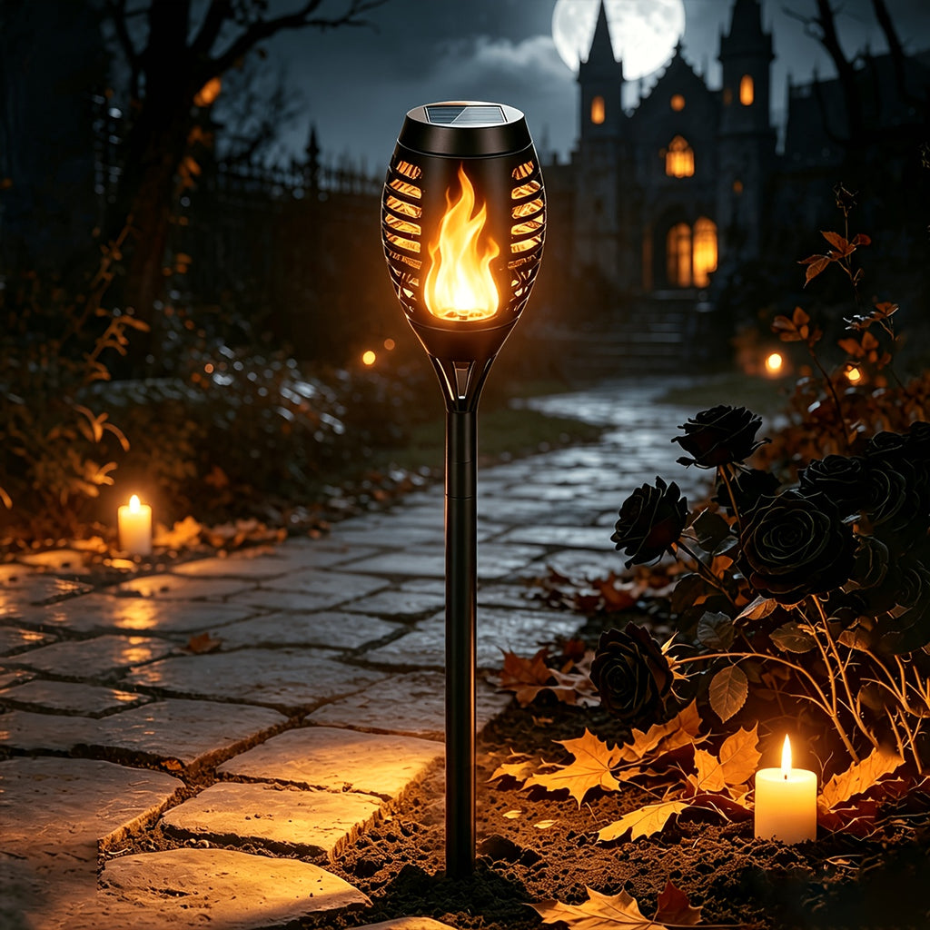 Solar Torch Lights with Flickering Flame Effect, 8 or 12 Pack Ground-Mounted Decorative Garden Lamps with Color Options for Outdoor Parties and Halloween Displays
