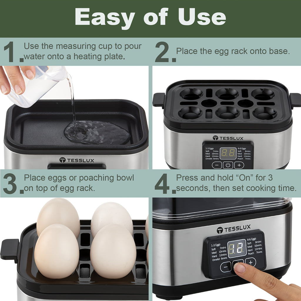 Electric Rapid Egg Cooker by TESSLUX, 6-Egg Capacity with Auto Shut-Off for Hard-Boiled Eggs, Poached Eggs, Scrambled Eggs and Omelets