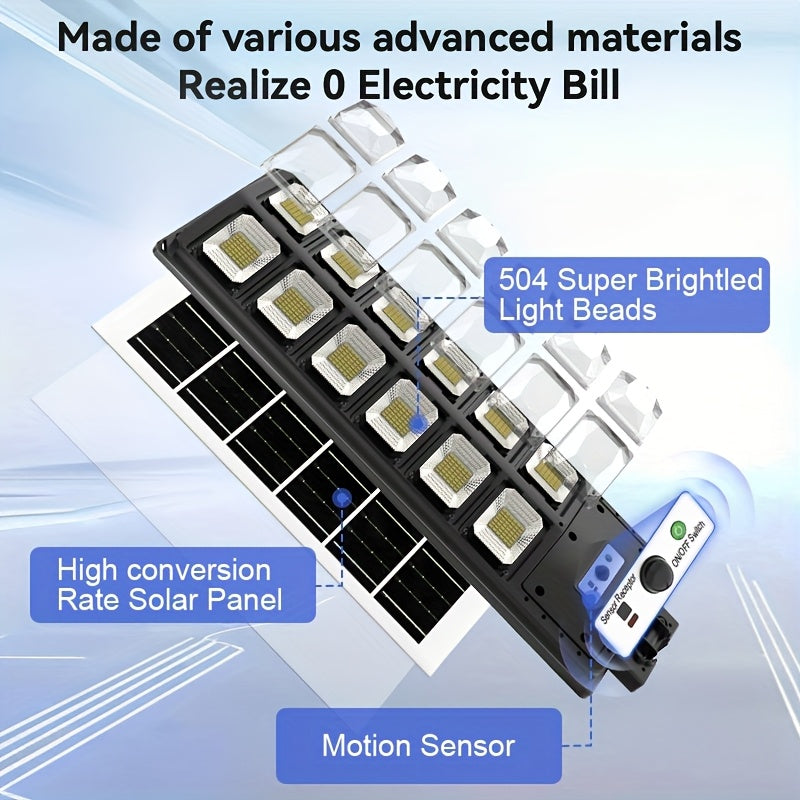 Solar Motion Sensor Flood Light, 504LED Model with 6500K Light, Three Modes and Listed 3000-Lumen Output, Mounting Base for Yard, Garage and Entrance Lighting