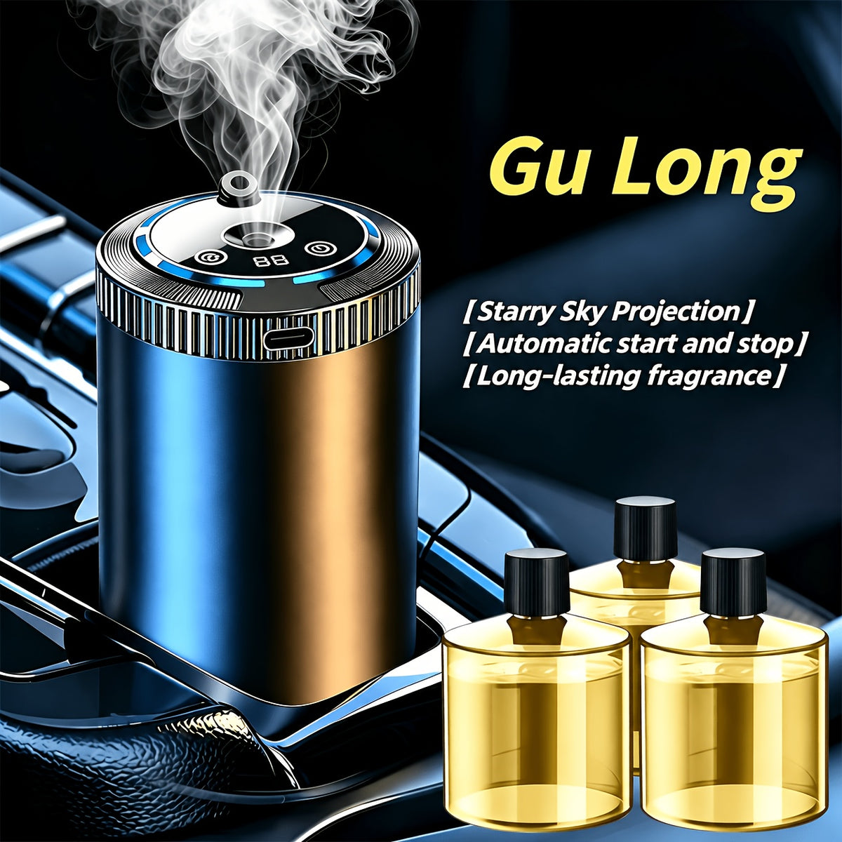 Rechargeable Car Air Freshener Set with Three Fragrance Bottles, Adjustable Smart Diffuser with Automatic Switch and Five Listed Scent Options