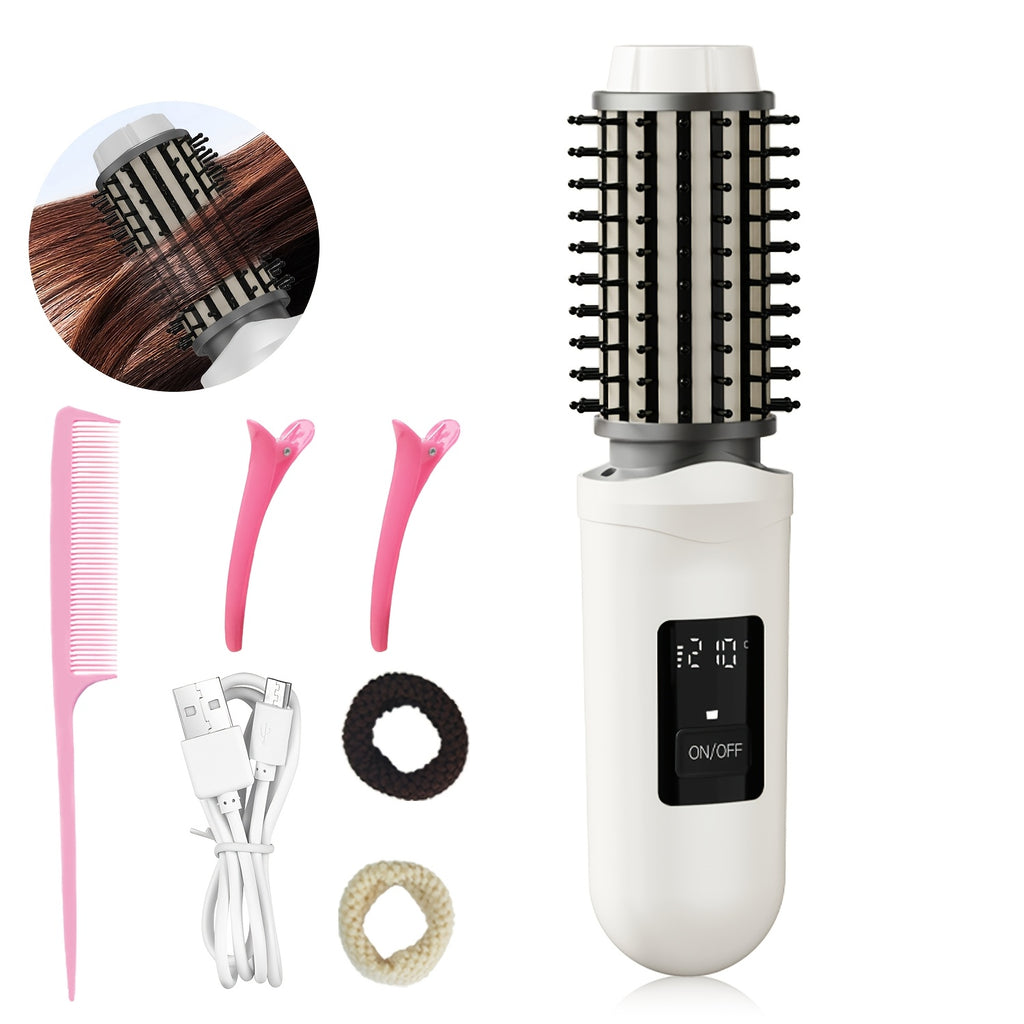Rechargeable Hair Styling Brush with Cordless 2-in-1 Curler and Straightener Functions, Listed LED Display in White or Grey for Everyday Hair Styling Routines
