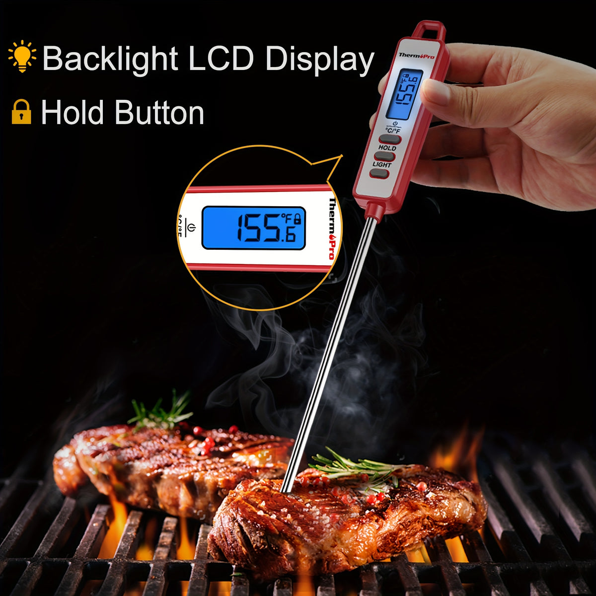 ThermoPro TP01AW Meat Thermometer with Red Backlit Digital Display, Reading Lock and Fahrenheit/Celsius Selection for BBQ, Candy and Kitchen Spot Checks
