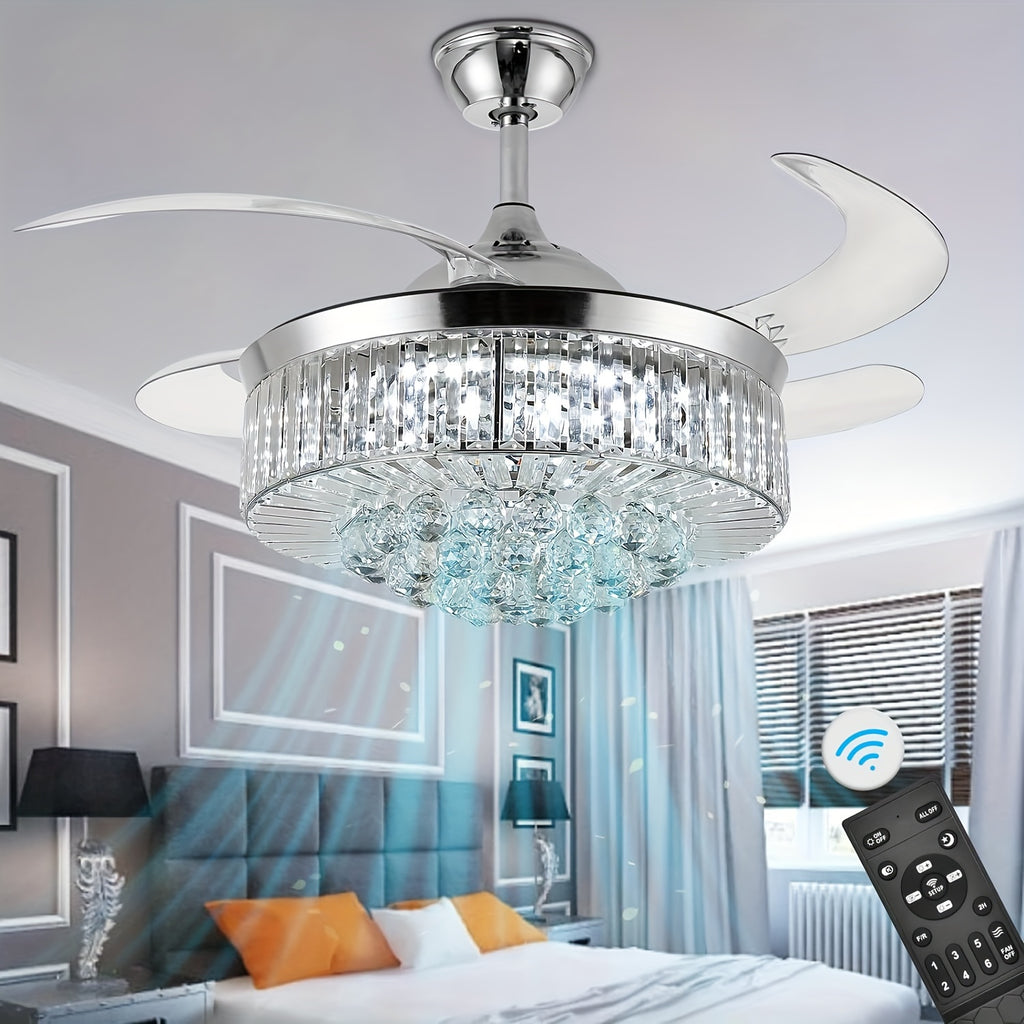 Crystal Style Ceiling Fan Light in Silvery with Three Light Tones, Remote Light Control, Six Fan Speeds and Reversible Airflow for Bedroom and Dining Room Decor