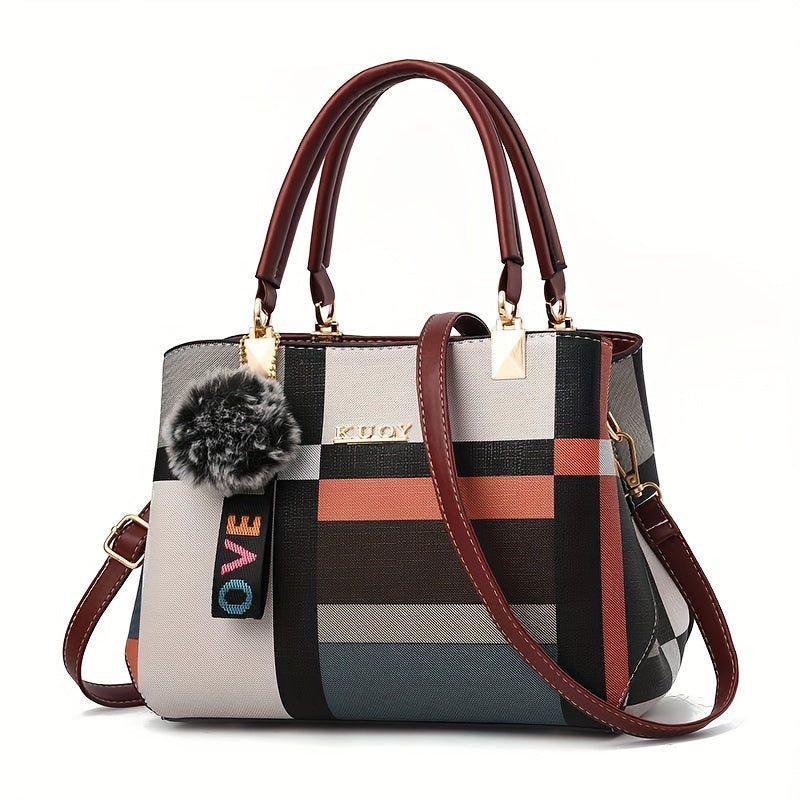 Plaid Colorblock Satchel Purse with Plush Ball Pendant, Burgundy or Black Handbag with Tote and Crossbody Styling References for Everyday Outfits and Casual Occasion Accessories