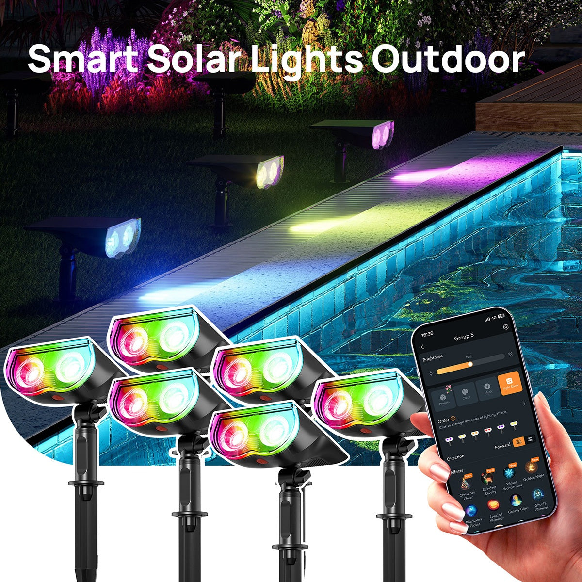 Smart Solar RGB Spotlights with Listed AiDot App Control, Adjustable White Light, Music Sync and Scheduling, Multicolor Two-, Four- or Six-Piece Package Labels