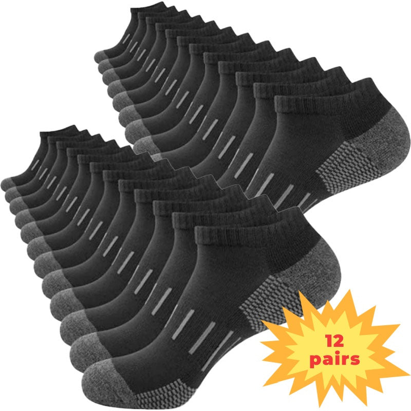 Men's Cushioned Low-Cut Socks 12-Pair Pack, 100% Polyester Knit Casual Socks in Black or Dark Gray with One-Size Label for Everyday Shoe Pairing