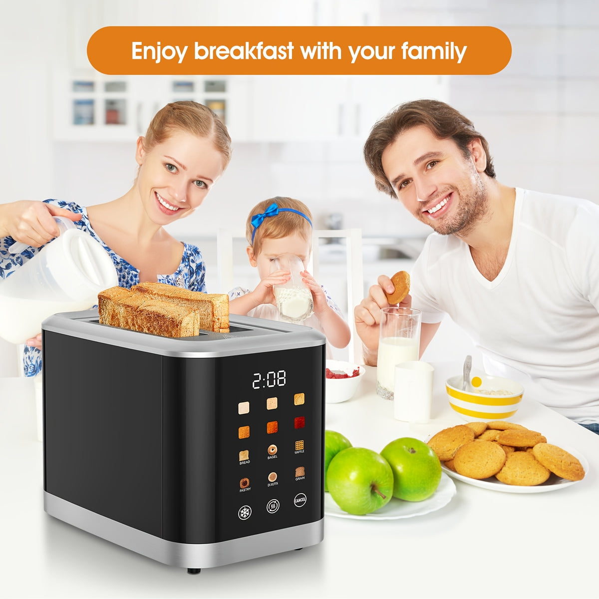 LCD Touchscreen Toaster with Two-Slice Capacity, Six Bread Types and Six Shade Settings, Listed Wide Slots with Bagel, Cancel and Defrost Functions