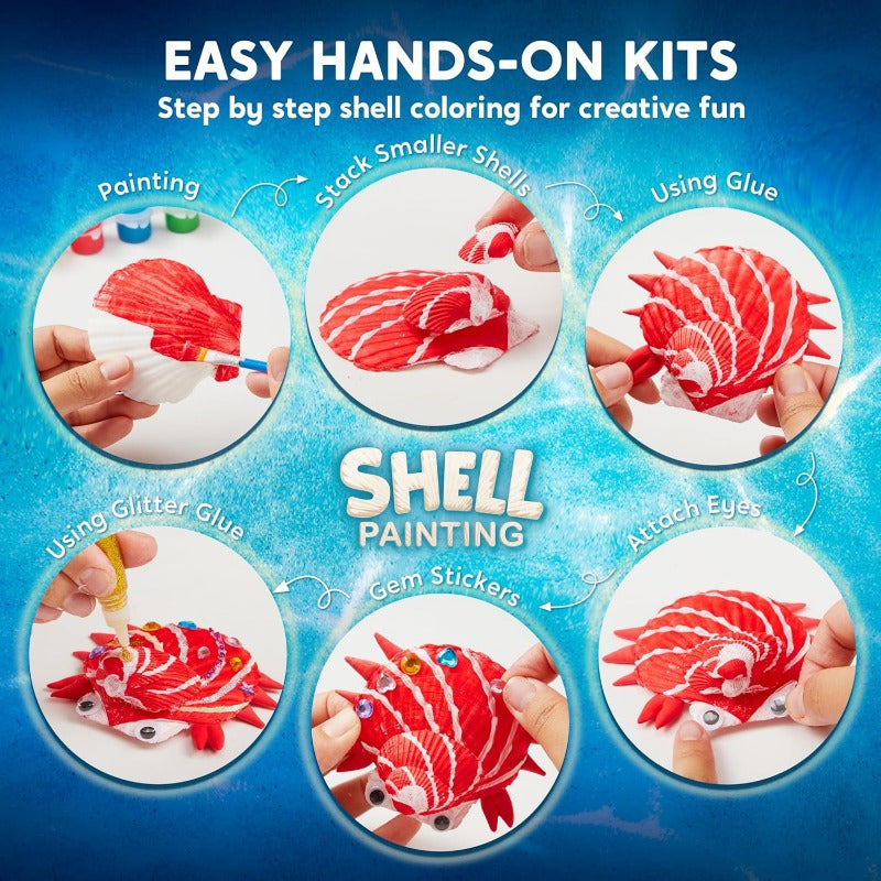 Seashell Painting Kit by SYNCFUN, 12-Shell Ocean Craft Set with 4 Glow-in-the-Dark Paint Bottles and 4 Brushes for Ages 6–12 Supervised Art Activities