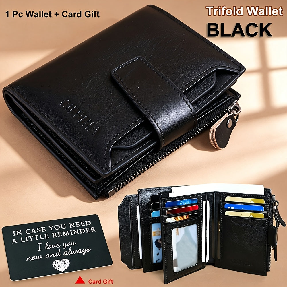 1pc Men's Genuine Leather RFID Blocking Wallet Suitable for Valentine's Day Gift, Vintage Short Top Layer Cowhide Billfold with Zipper Closure, Multi-Function Card Holder & Coin Pocket, ID Holder for Cash,, Keys - Father's Day Gift for Men