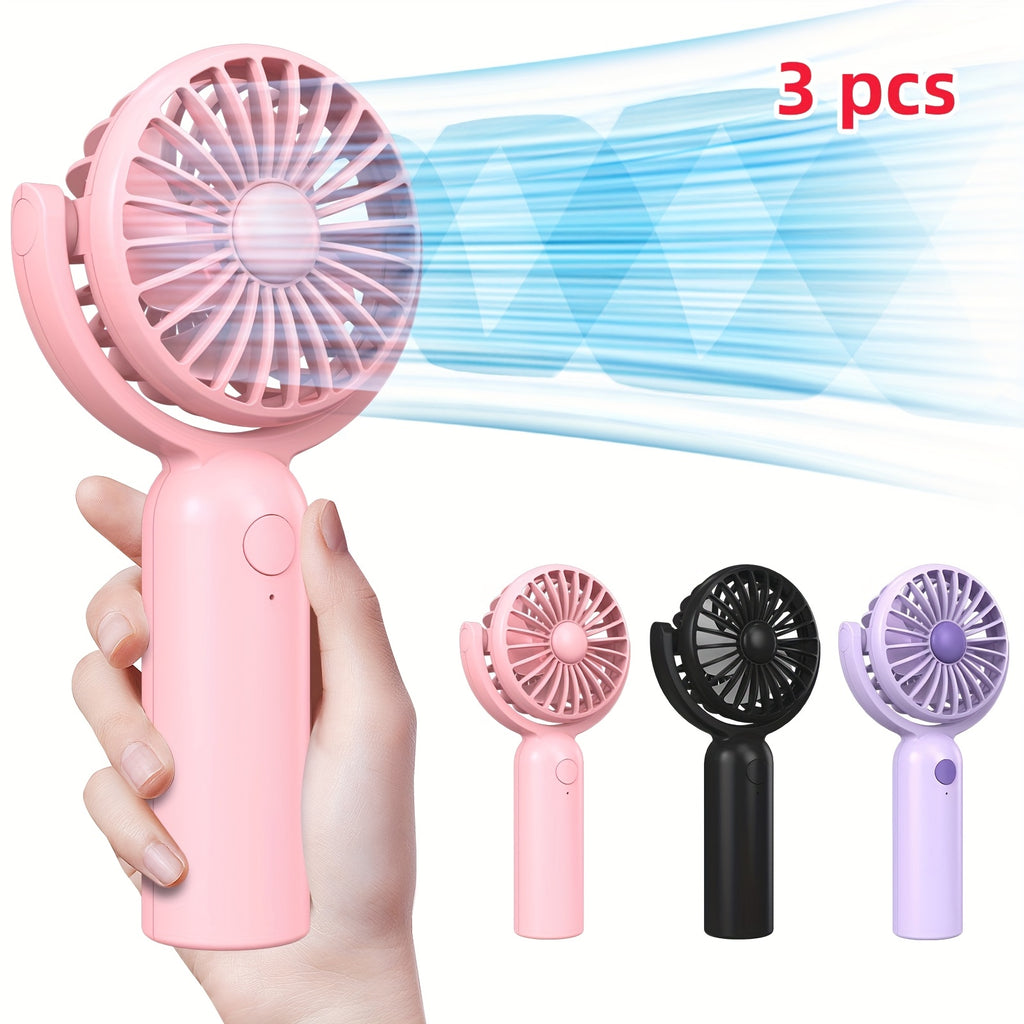 Rechargeable Handheld Fan 3-Pack in Pink, Purple and Black with Three Speeds, USB-C Charging and Listed 180-Degree Adjustment for Travel and Summer Outings