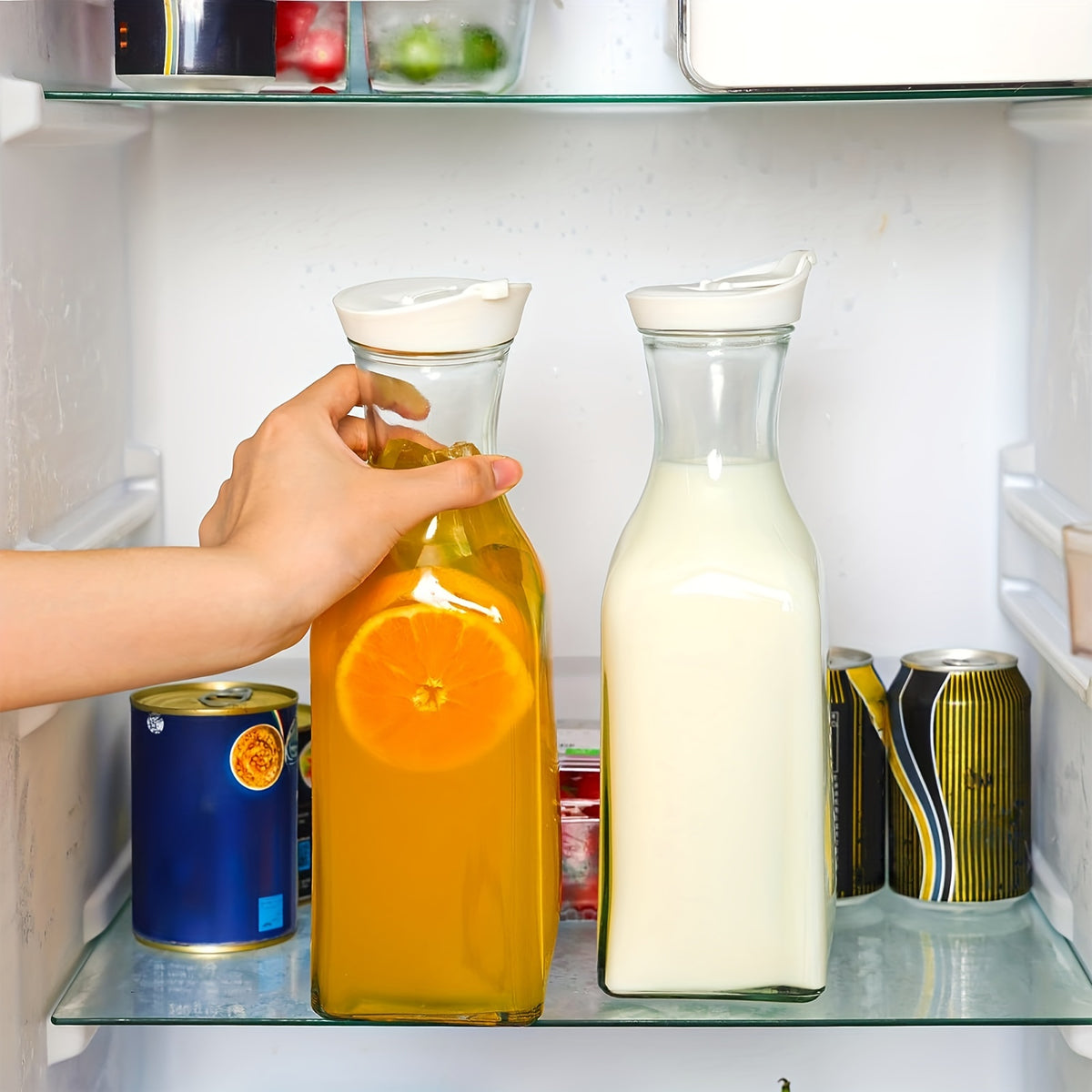 Glass Carafes with Lids, Four 1.5-Liter Beverage Serving Vessels for Iced Tea, Milk and Cold Brew Coffee at Family Meals, Weekend Brunches and Parties