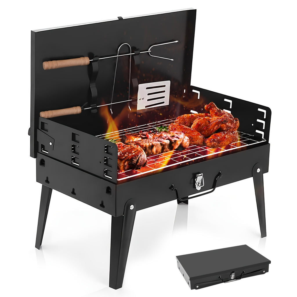 Folding Charcoal Grill with Hood by Backyard Buddy, Black Compact Outdoor Barbecue for Picnic Cooking, Backyard Meals and Portable Cookout Planning