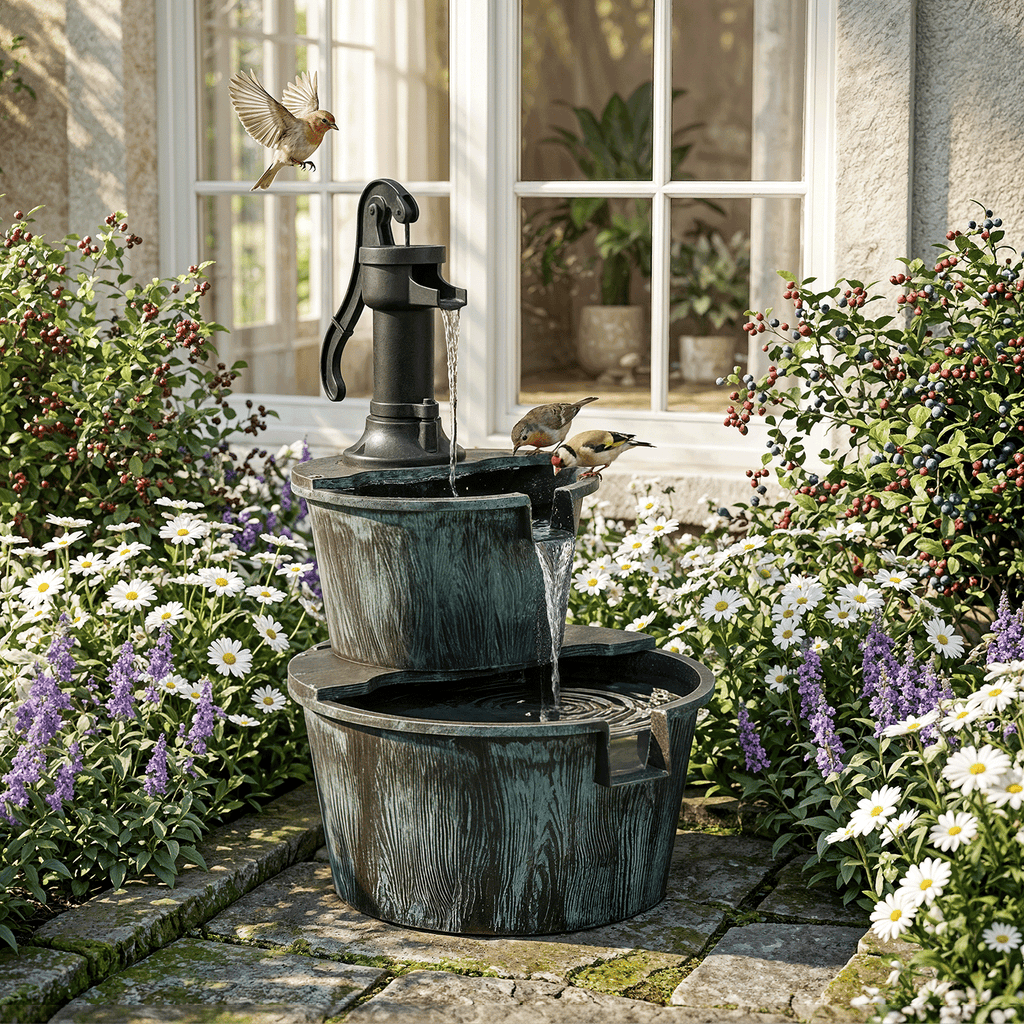 Outdoor Barrel Water Fountain, 27-Inch Two-Tier Rustic Waterfall with Listed 11L Capacity and IPX4 Rating in Dark Green or Bronze for Patio and Garden Decor