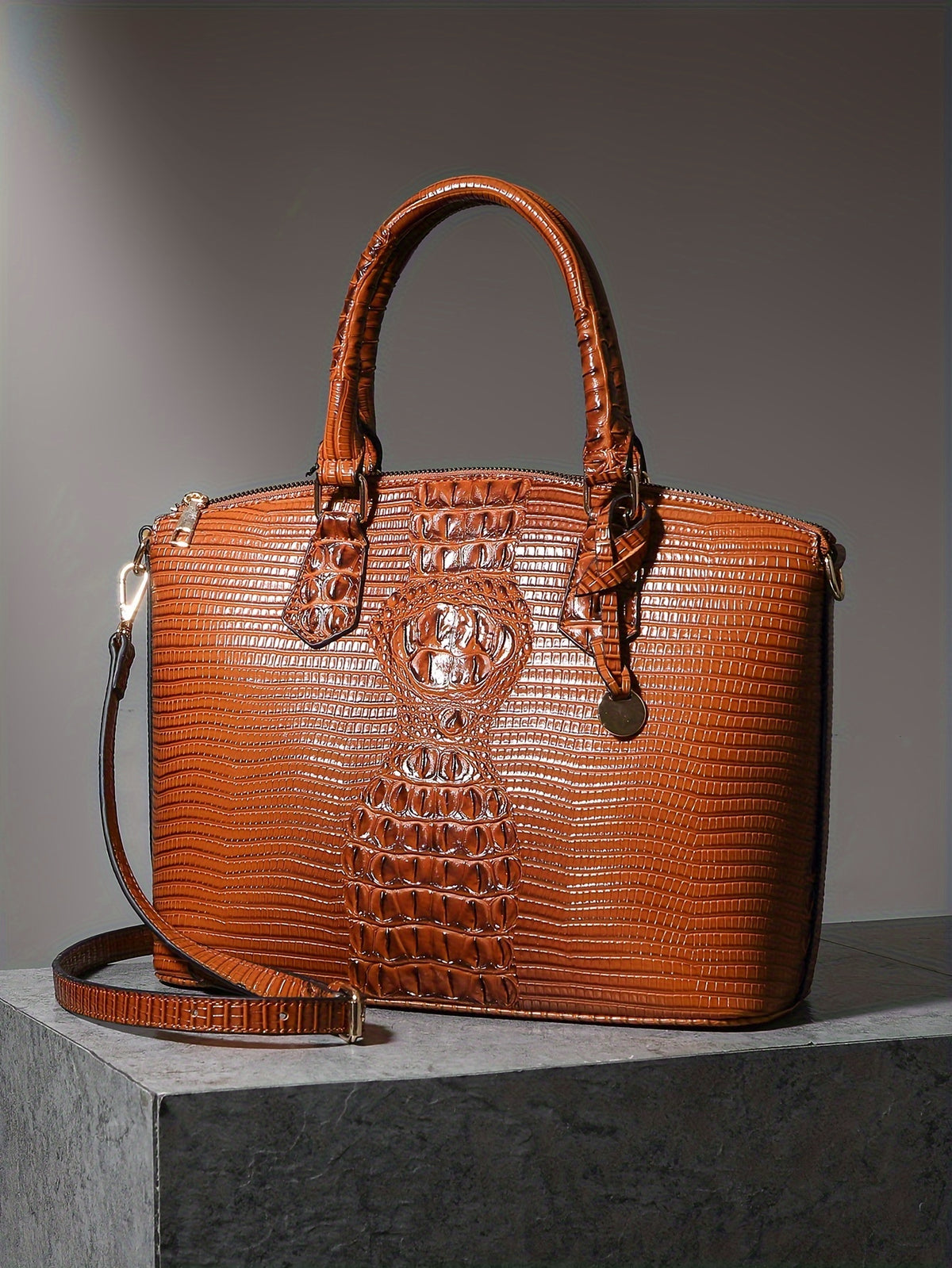 Crocodile-Design Work Handbag for Women with Detachable Shoulder Strap and Zipper Closure, Spacious Crossbody-Style Purse for Office and Everyday Wear