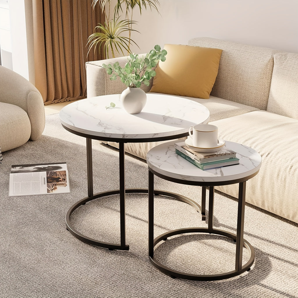 Round Nesting Tables Set of Two for Living Room and Bedroom, Modern Circular Accent Tables with Seven Finish Options Including White Faux Marble and Gold