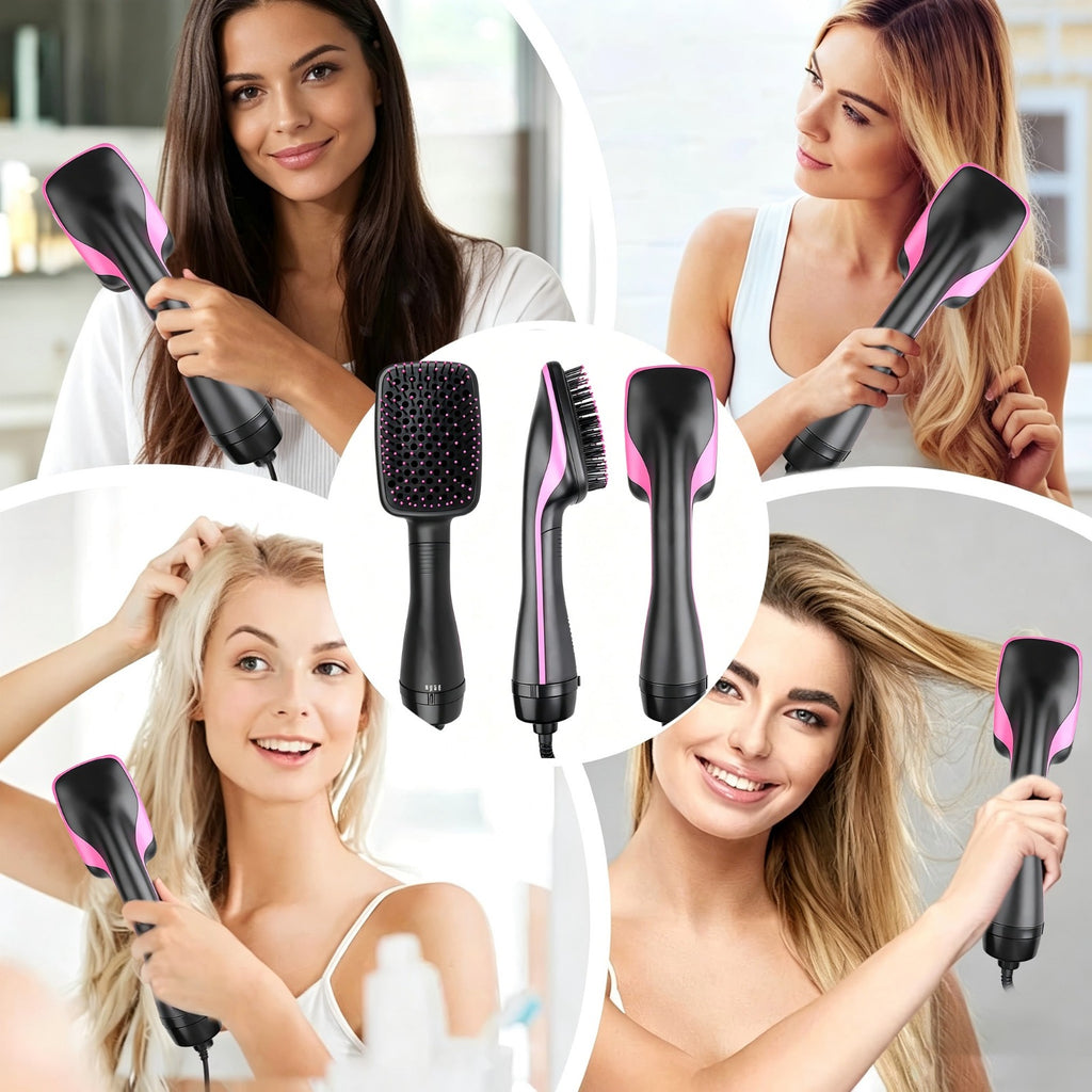 4-in-1 Hair Straightener Brush for Straightening, Curling, Volumizing and Drying, One-Step Blowout Styler with 2 Hair Clips and Rat-Tail Comb