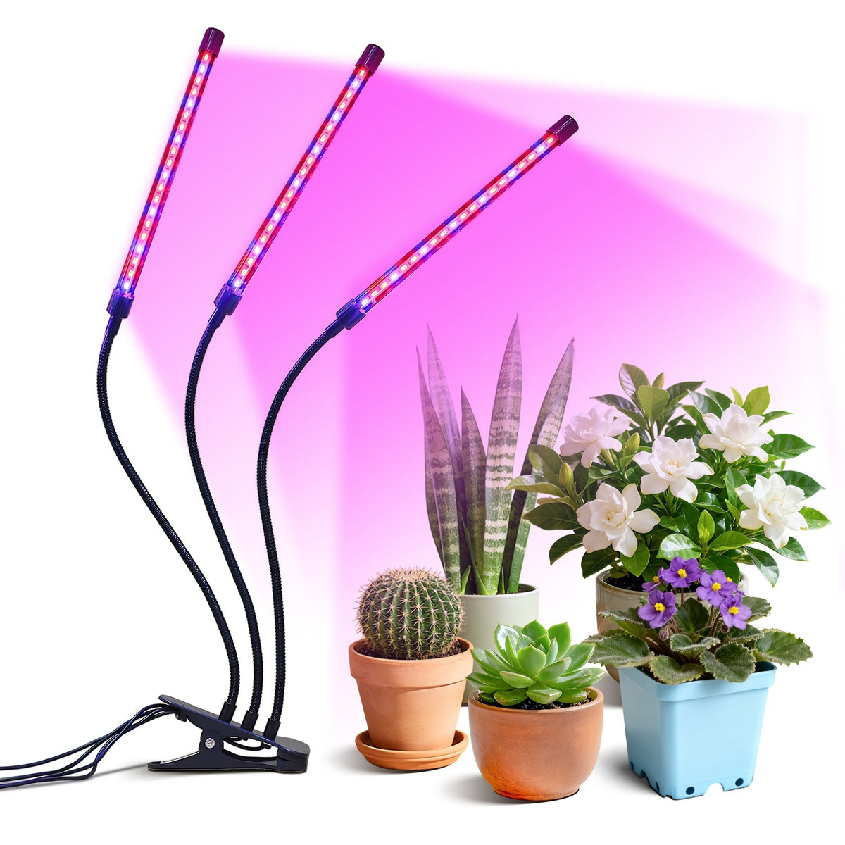 Clamp LED Grow Light with One, Three or Four-Tube Options, Listed Five Brightness Levels and 3, 9 or 12-Hour Timer for Indoor Plant Care and Home Gardening
