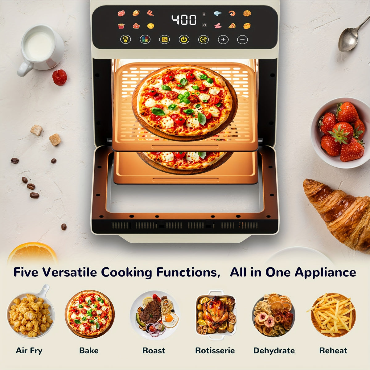 Air Fryer Oven with Listed 12-Quart Capacity, 12 One-Touch Presets, Viewing Window, Interior Light and Two Baking Pans in White or Black for Home Cooking
