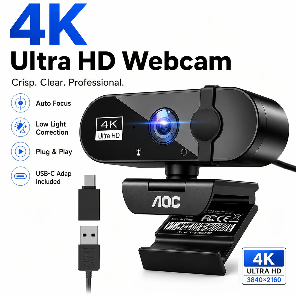 AOC 4K USB Webcam in Starry Black with Microphone, Noise Cancellation, Privacy Cover and 99 Degree Field of View for PC Meetings and Live Streaming