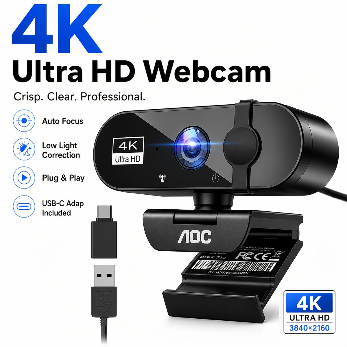AOC 4K USB Webcam in Starry Black with Microphone, Noise Cancellation, Privacy Cover and 99 Degree Field of View for PC Meetings and Live Streaming