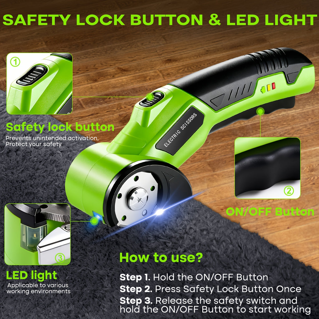 Cordless Electric Scissors in Green with Listed 4V Power, 2000mAh Battery, Three Rotary Blades, Safety Lock and USB Cable for Compatible DIY Cutting