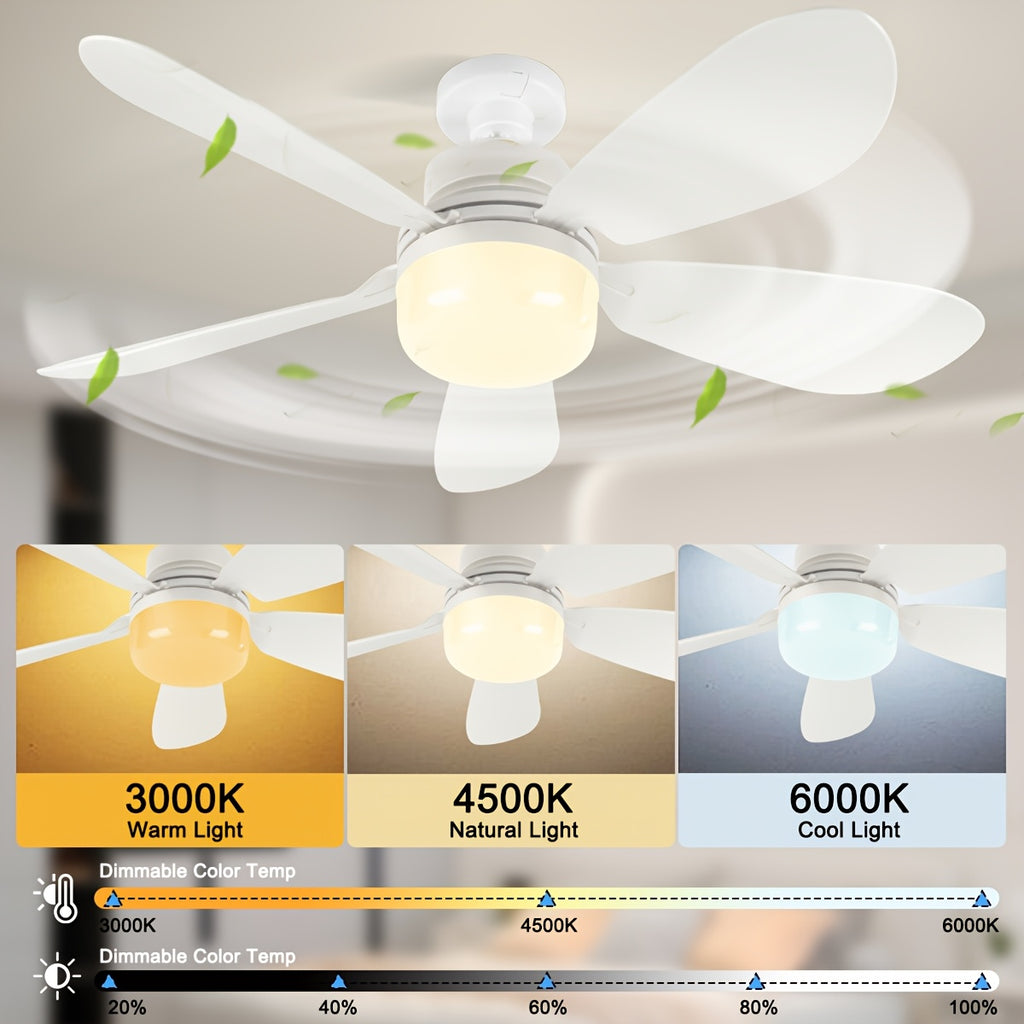 E26 Screw-In Fan Light with Remote, 20.5-Inch Dimmable LED Ceiling Fan in White, Black or Wood Grain for Compatible Bedroom, Kitchen and Garage Fixtures