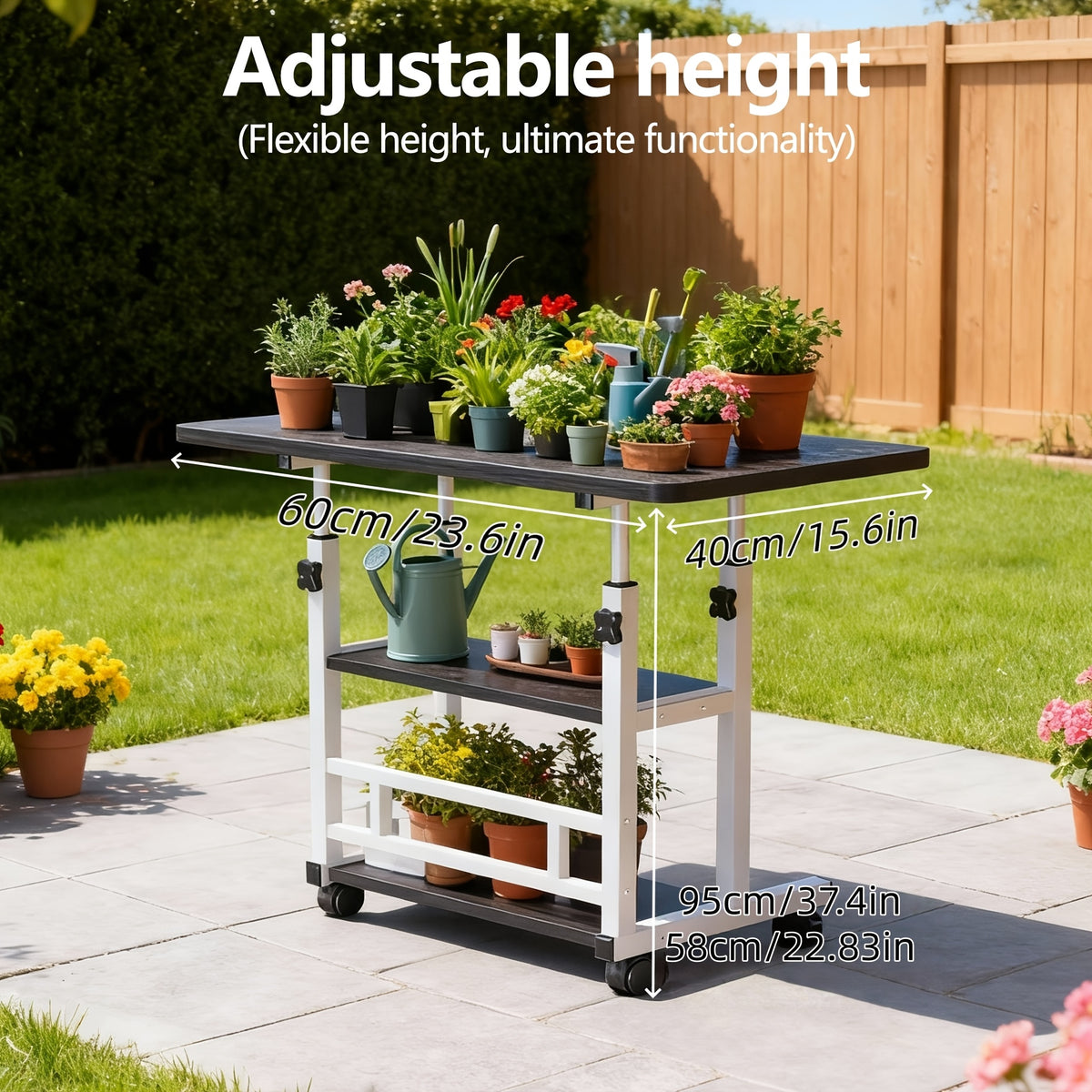 Adjustable Height Garden Workbench with Listed Metal Structure and Lockable Wheels, Plant Work Table in Wood Grain Black or Pearl White with Storage Options