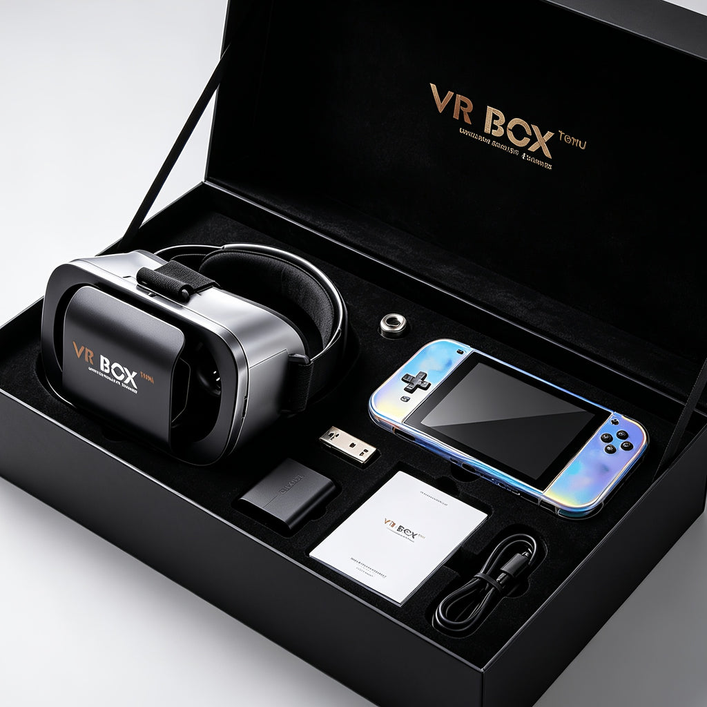 VR Glasses and Retro Handheld Game Console 2-Piece Set, Phone-Based 3D Viewer for Listed 5-7 Inch Smartphones with Separate Portable Gaming Device