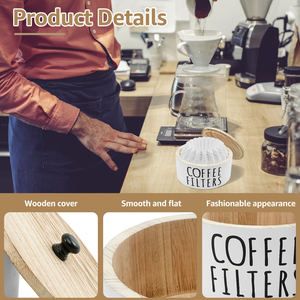 Coffee Filter Holder with 50 Filters for Coffee Bar Organization, White Wooden Round Countertop Storage Container, 16cm Diameter and 9cm Height